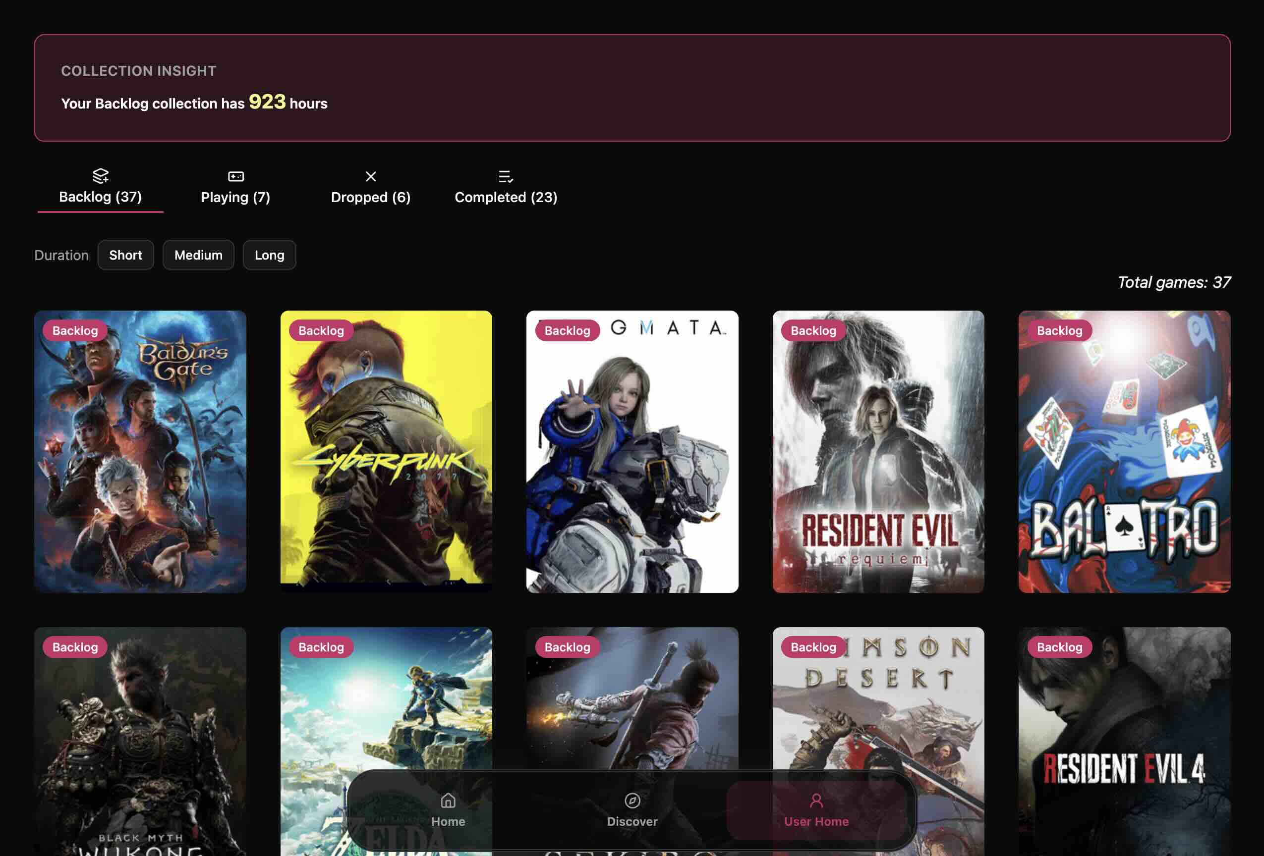 Video game backlog dashboard preview